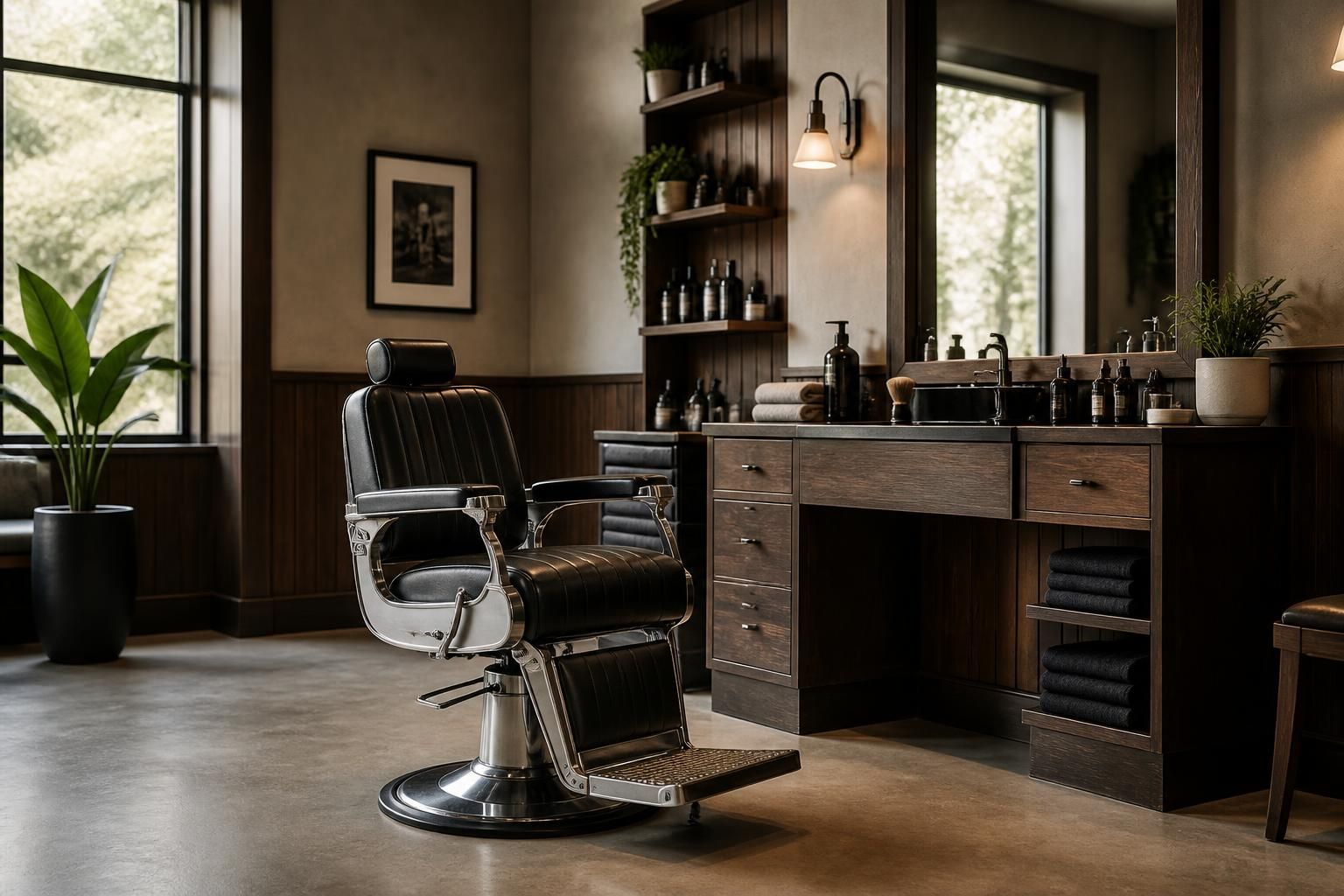Modern barber shop interior with polished chair and warm natural light.